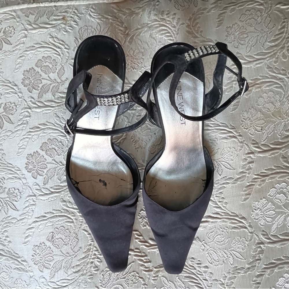Nine West Black Pointed Toe Ankle Strap Heels with Crystal Detail